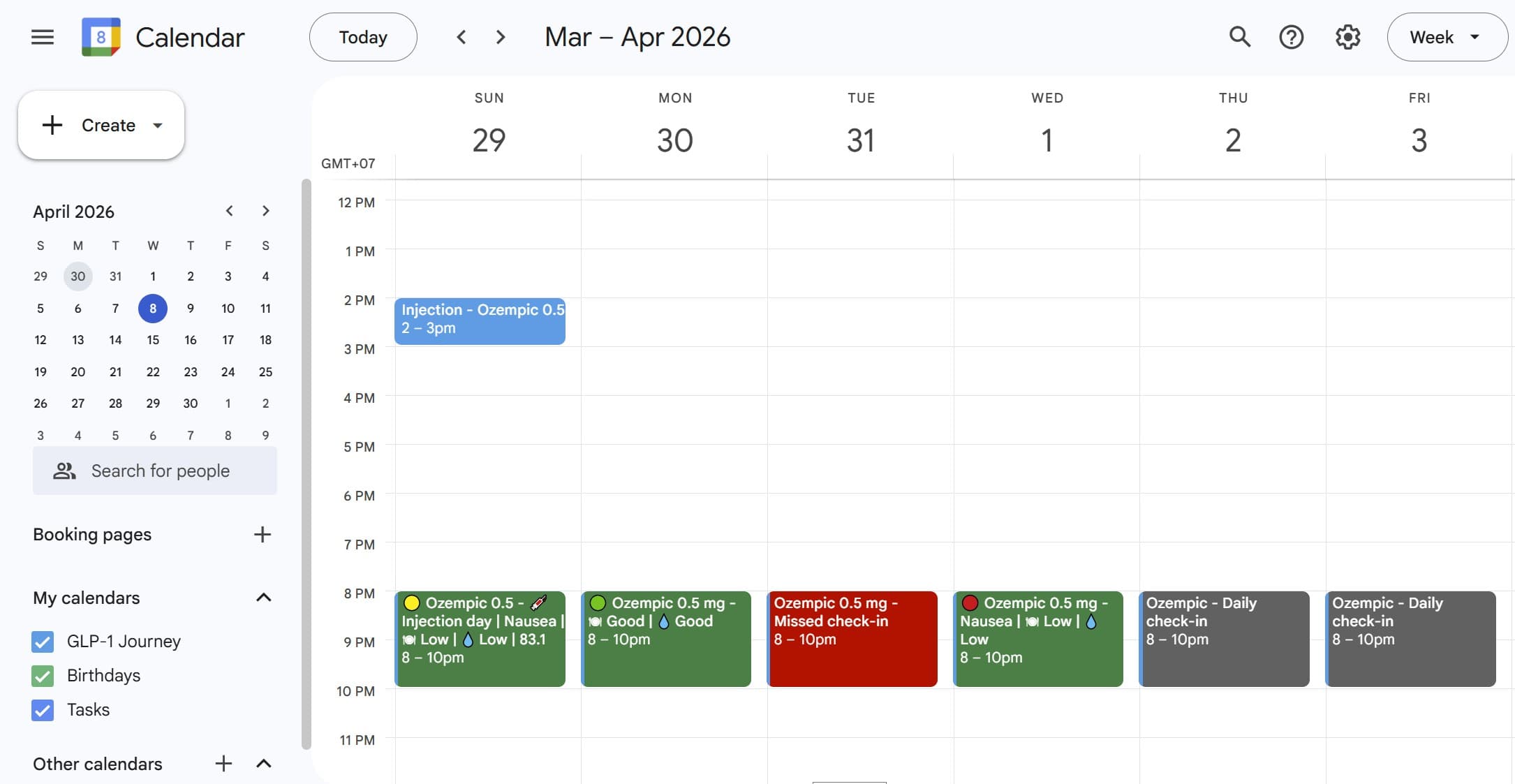 Week view in Google Calendar showing the GLP-1 Journey calendar and completed check-ins.